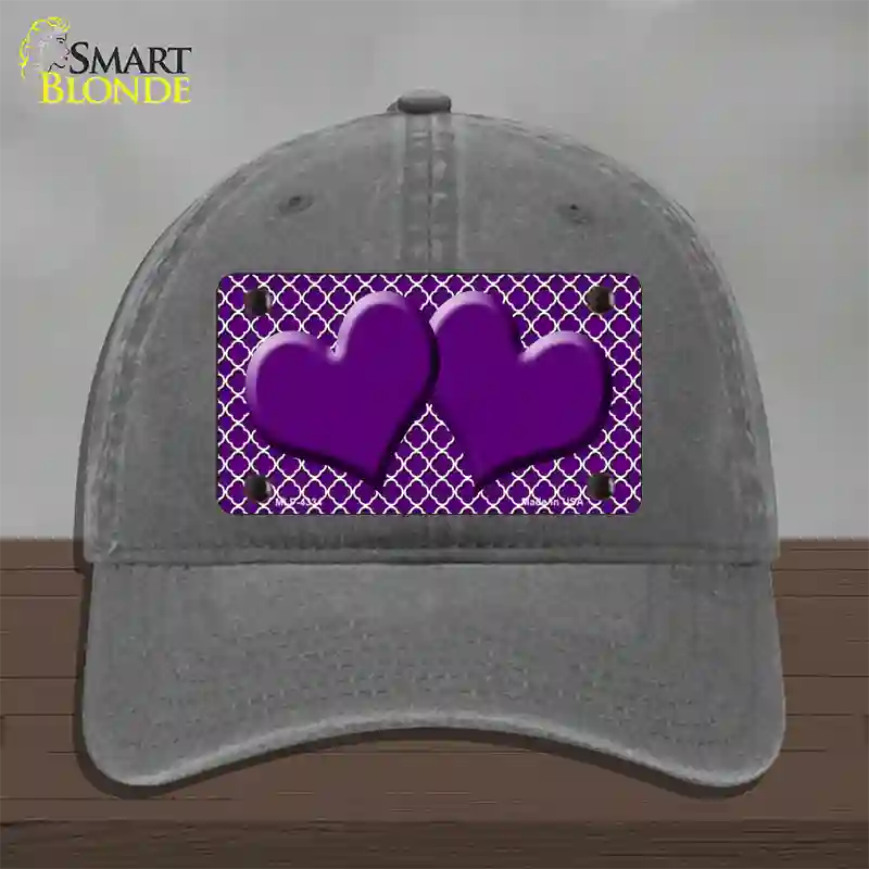 Purple White Quatrefoil Purple Center Hearts Novelty License Plate Hat Unconstructed Cotton / Charcoal