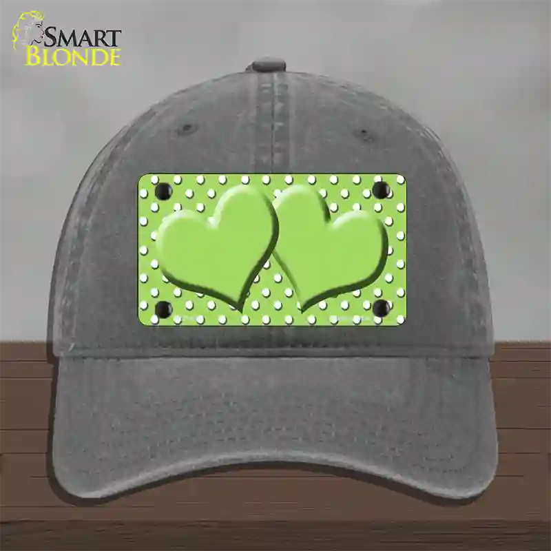 Lime Green White Polka Dot Center Hearts Novelty License Plate Hat Unconstructed Cotton / Charcoal