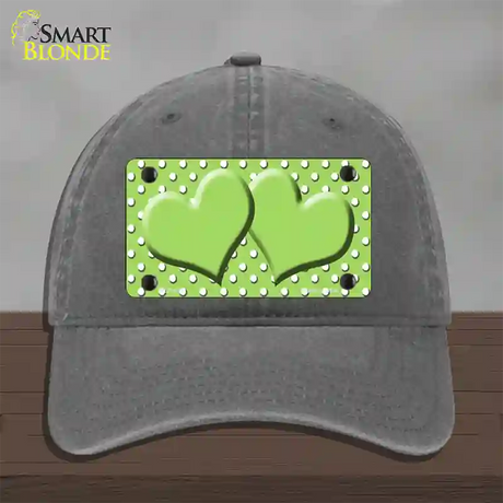 Lime Green White Polka Dot Center Hearts Novelty License Plate Hat Unconstructed Cotton / Charcoal