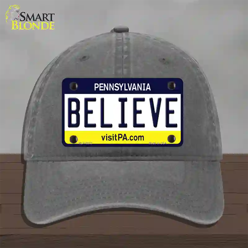 Believe Pennsylvania State Novelty License Plate Hat Unconstructed Cotton / Charcoal