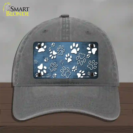 Light Blue White Paw Oil Rubbed Novelty License Plate Hat Unconstructed Cotton / Charcoal