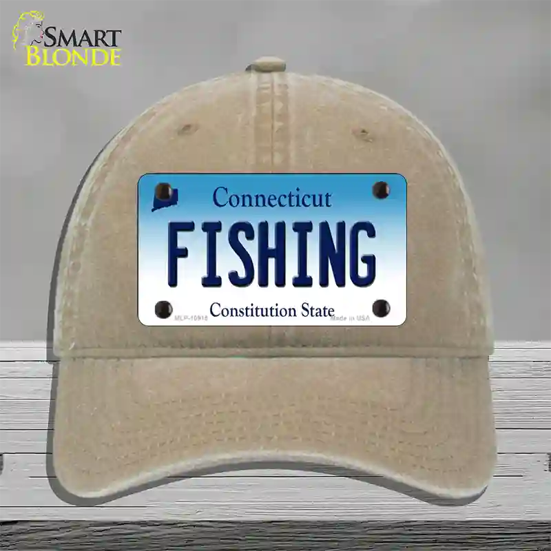 Fishing Connecticut Novelty License Plate Hat Unconstructed Cotton / Khaki