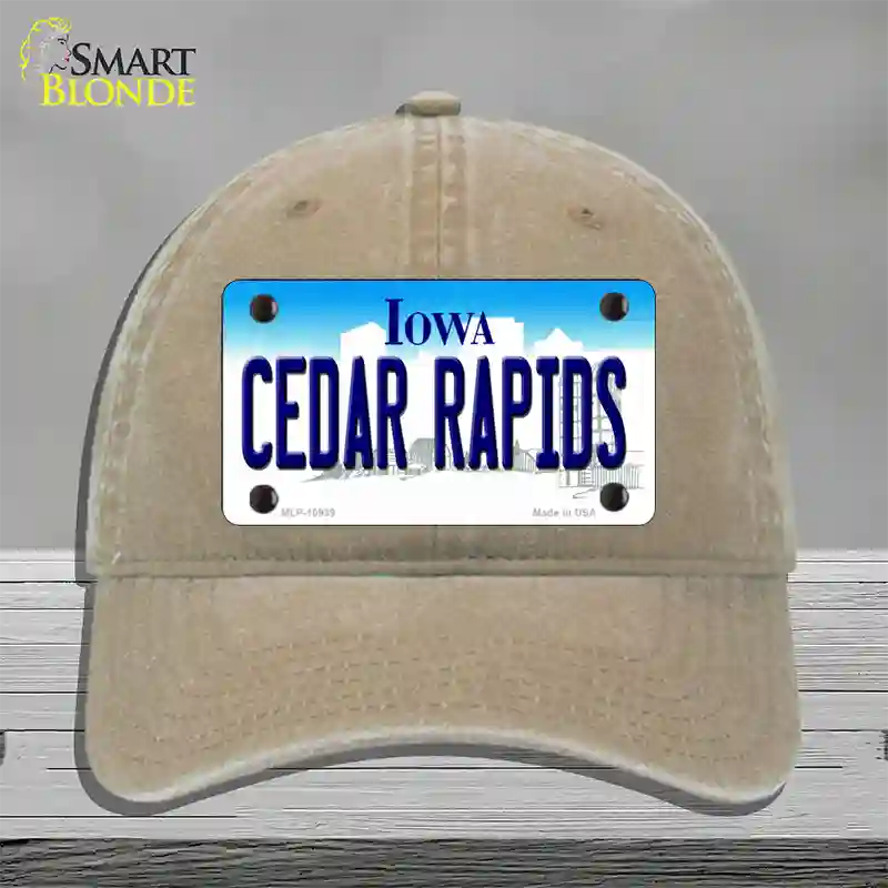 Cedar Rapids Iowa Novelty License Plate Hat Unconstructed Cotton / Khaki