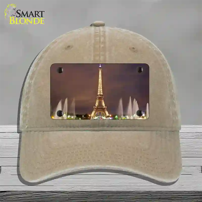 Eiffel Tower Night With Fountain Novelty License Plate Hat Unconstructed Cotton / Khaki