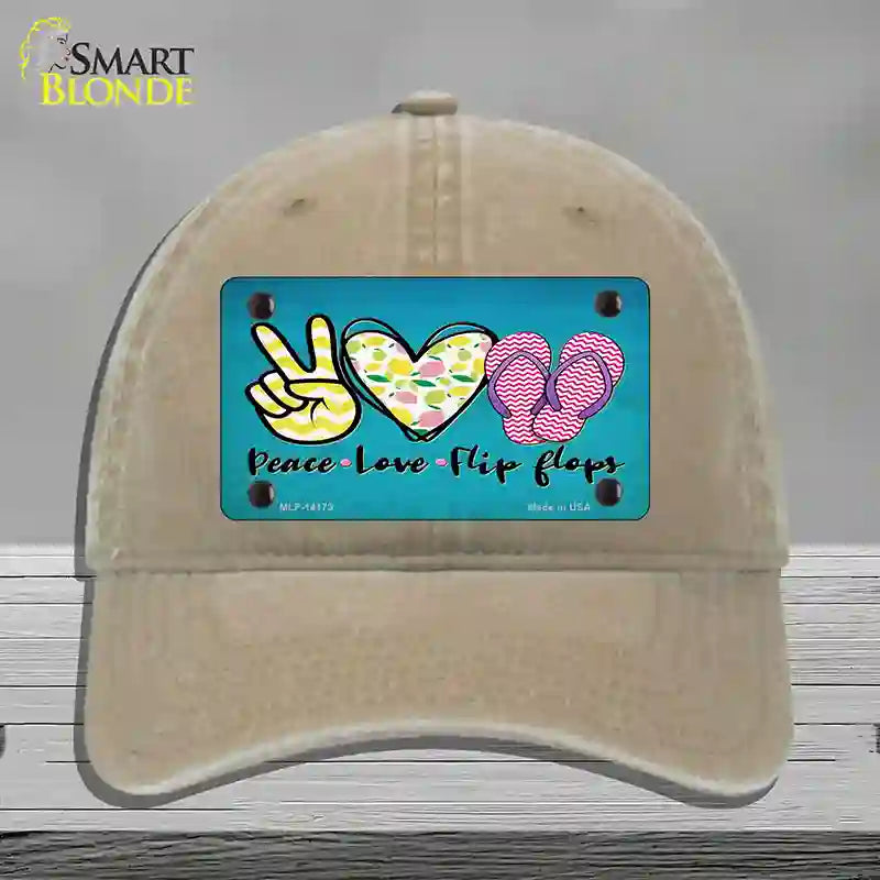 Peace Love Flip Flops Novelty License Plate Hat Unconstructed Cotton / Khaki