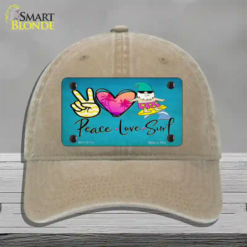 Peace Love Surf Novelty License Plate Hat Unconstructed Cotton / Khaki