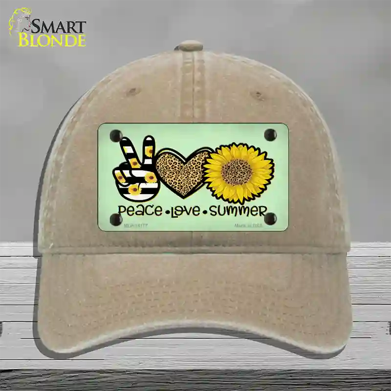 Peace Love Summer Sunflower Novelty License Plate Hat Unconstructed Cotton / Khaki