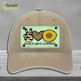Peace Love Summer Sunflower Novelty License Plate Hat Unconstructed Cotton / Khaki