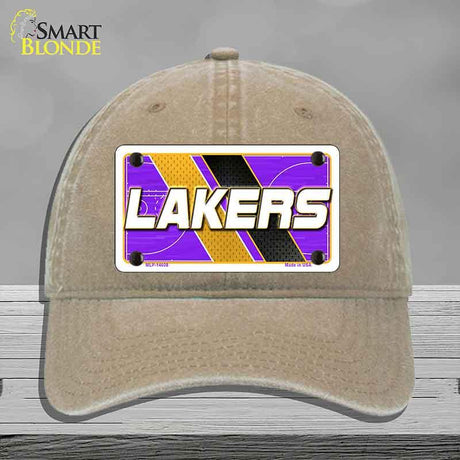 Beige cap with a Lakers license plate design on a gray background
