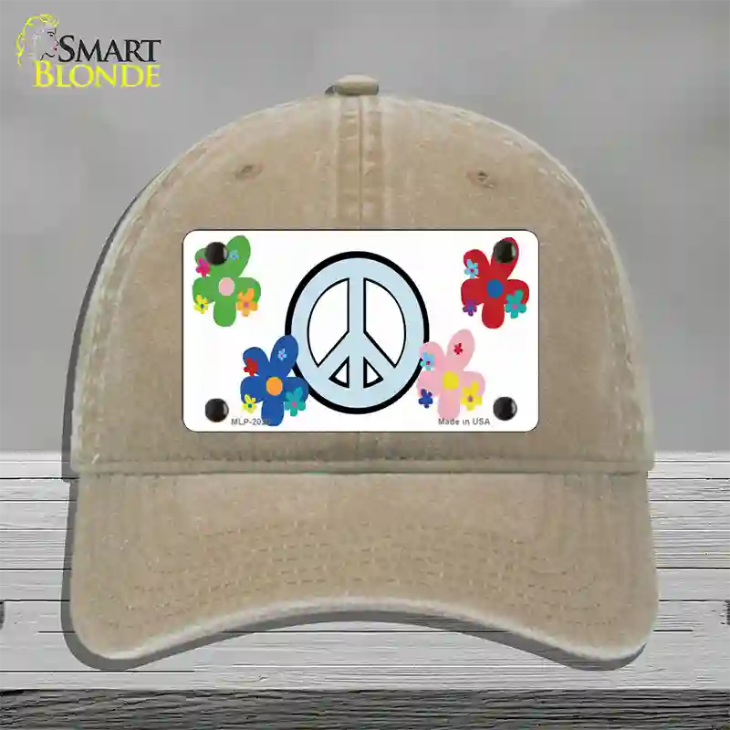 Peace Sign and Flowers Novelty License Plate Hat Unconstructed Cotton / Khaki