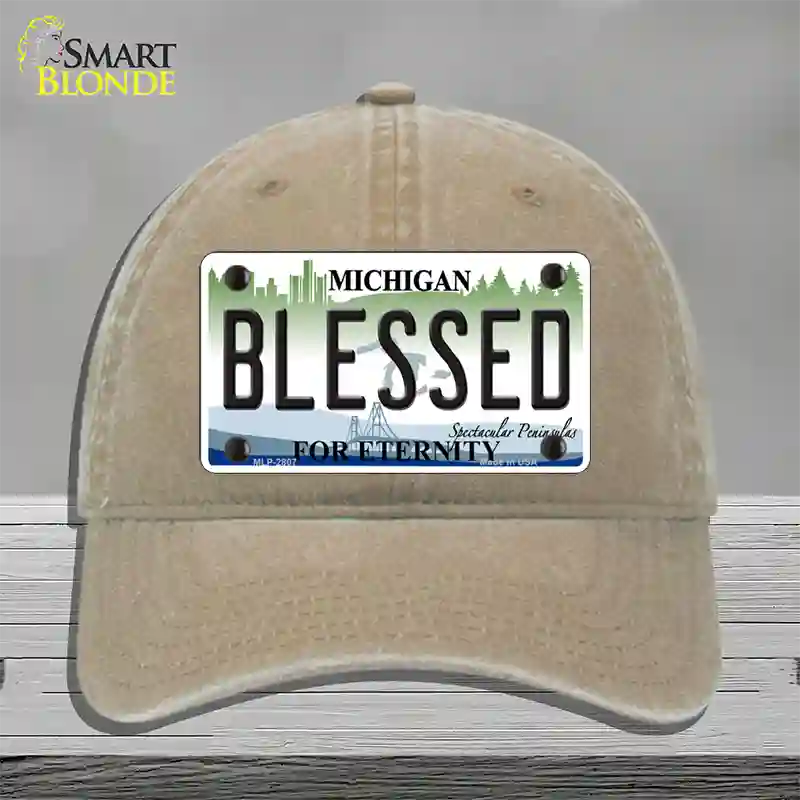 Blessed Michigan State Novelty License Plate Hat Unconstructed Cotton / Khaki