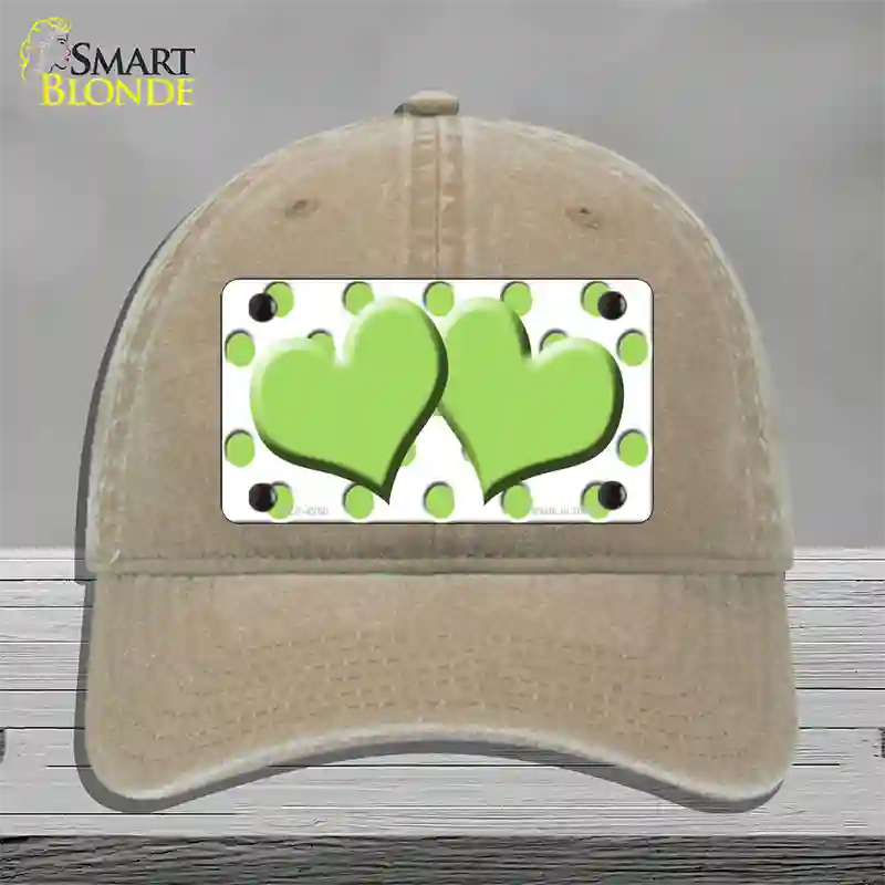 Lime Green White Polka Dot Lime Green Centered Hearts Novelty License Plate Hat Unconstructed Cotton / Khaki
