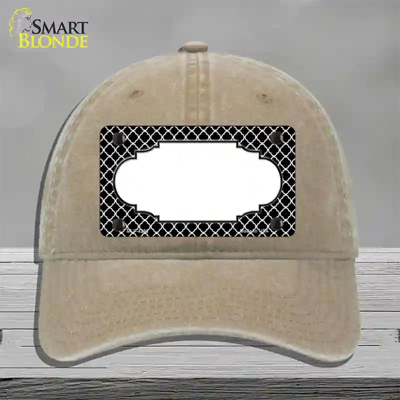 Black White Quatrefoil Center Scallop Novelty License Plate Hat Unconstructed Cotton / Khaki