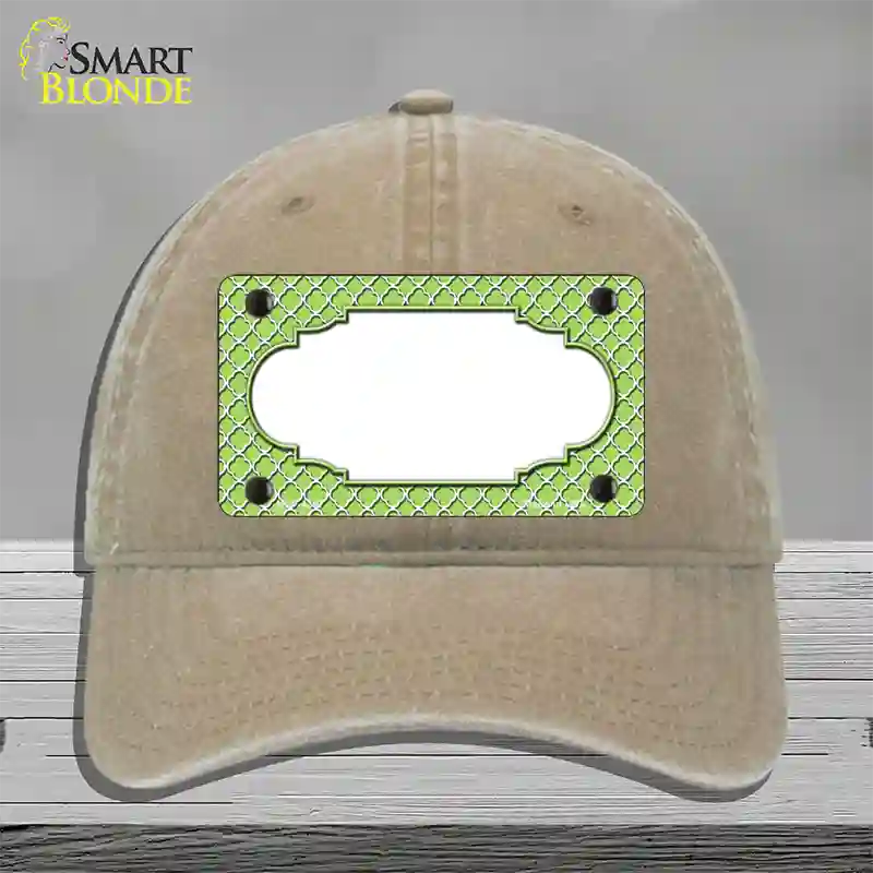Lime Green White Quatrefoil Center Scallop Novelty License Plate Hat Unconstructed Cotton / Khaki