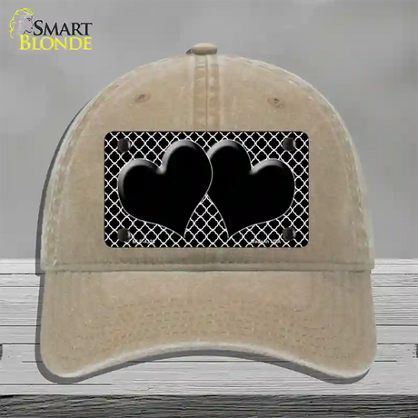 Black White Quatrefoil Black Center Hearts Novelty License Plate Hat Unconstructed Cotton / Khaki