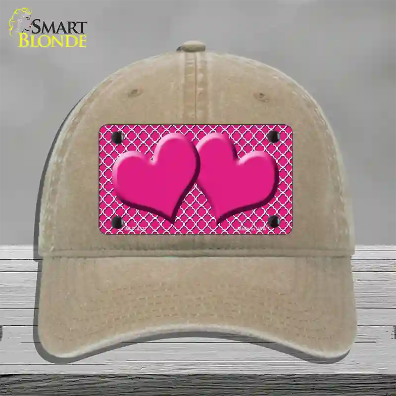 Pink White Quatrefoil Hot Pink Center Hearts Novelty License Plate Hat Unconstructed Cotton / Khaki