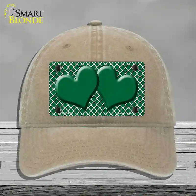 Green White Quatrefoil Green Center Hearts Novelty License Plate Hat Unconstructed Cotton / Khaki