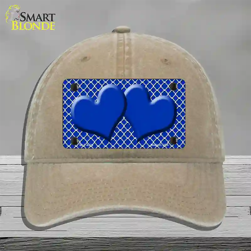 Blue White Quatrefoil Blue Center Hearts Novelty License Plate Hat Unconstructed Cotton / Khaki