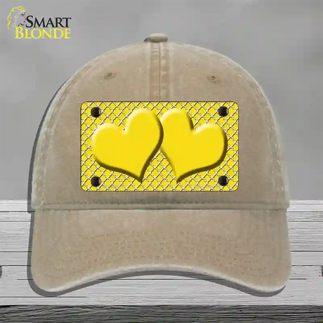 Yellow White Quatrefoil Yellow Center Hearts Novelty License Plate Hat Unconstructed Cotton / Khaki