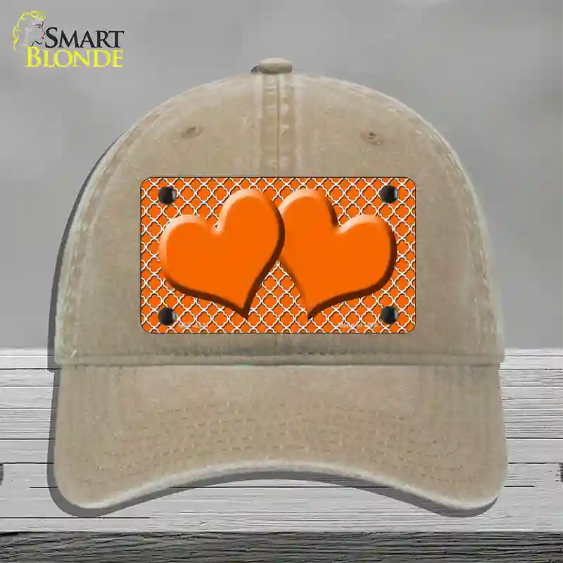 Orange White Quatrefoil Orange Center Hearts Novelty License Plate Hat Unconstructed Cotton / Khaki