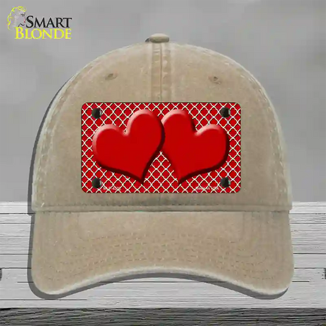 Red White Quatrefoil Red Center Hearts Novelty License Plate Hat Unconstructed Cotton / Khaki