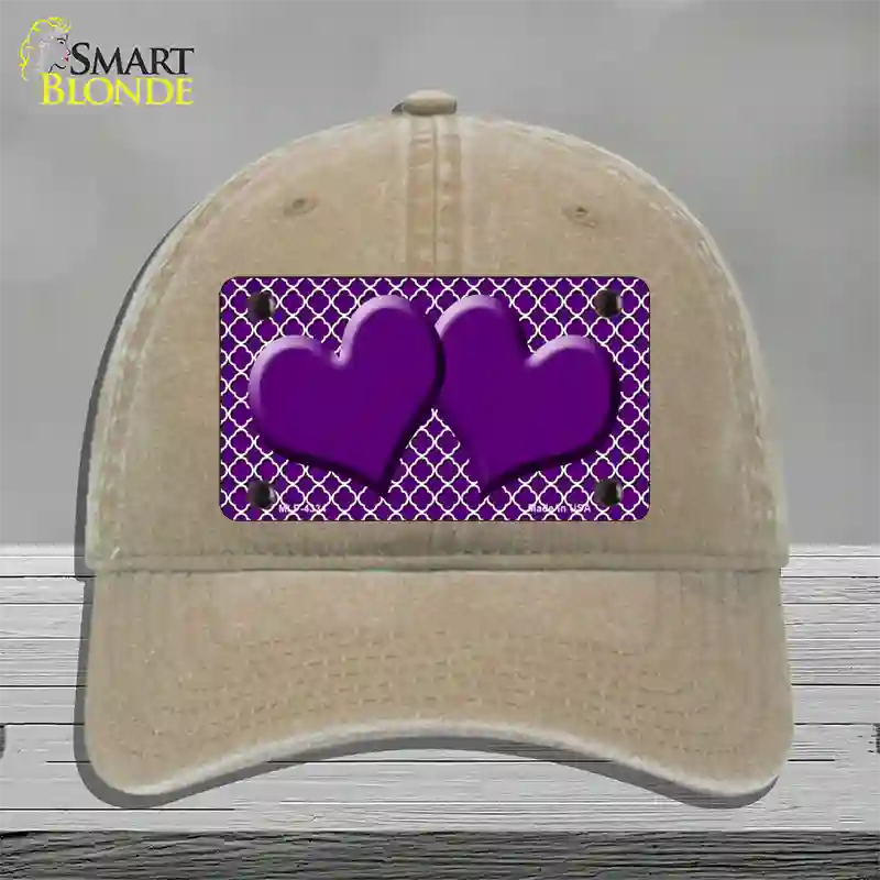 Purple White Quatrefoil Purple Center Hearts Novelty License Plate Hat Unconstructed Cotton / Khaki