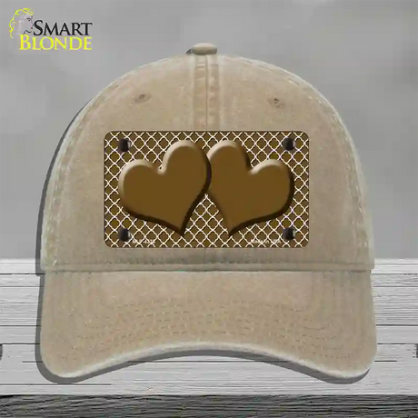 Brown White Quatrefoil Brown Center Hearts Novelty License Plate Hat Unconstructed Cotton / Khaki