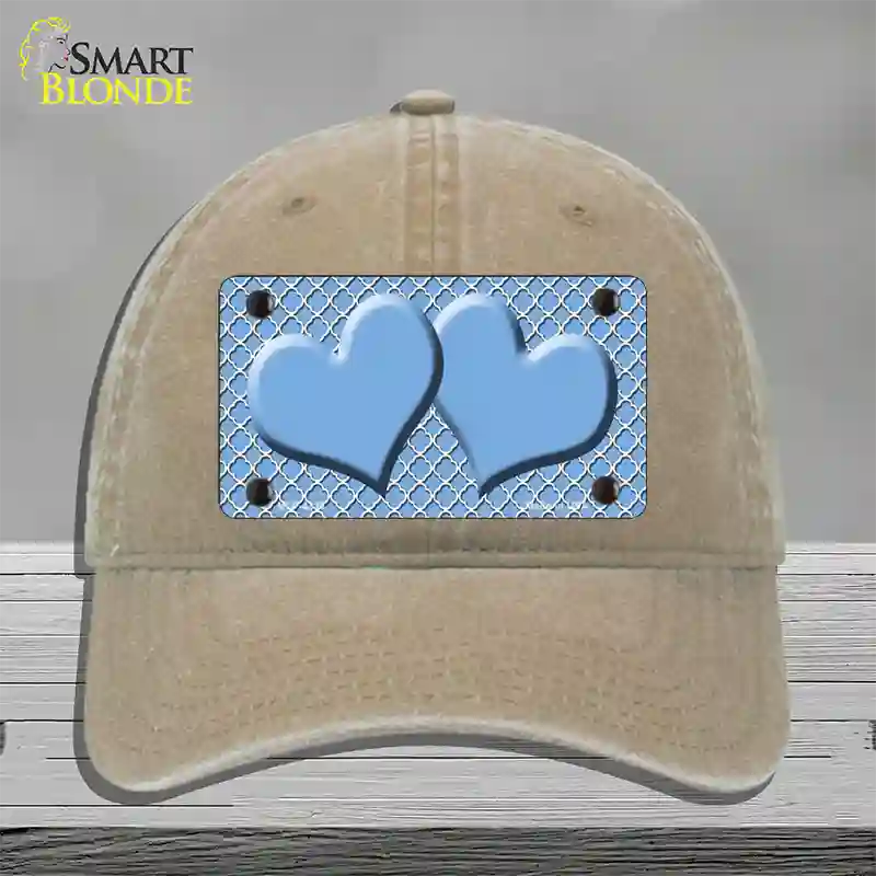Light Blue White Quatrefoil Light Blue Center Hearts Novelty License Plate Hat Unconstructed Cotton / Khaki