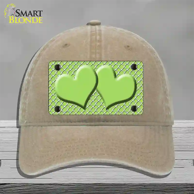 Lime Green White Quatrefoil Lime Green Center Hearts Novelty License Plate Hat Unconstructed Cotton / Khaki