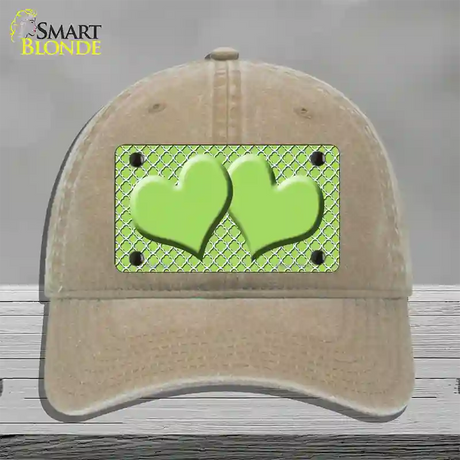 Lime Green White Quatrefoil Lime Green Center Hearts Novelty License Plate Hat Unconstructed Cotton / Khaki