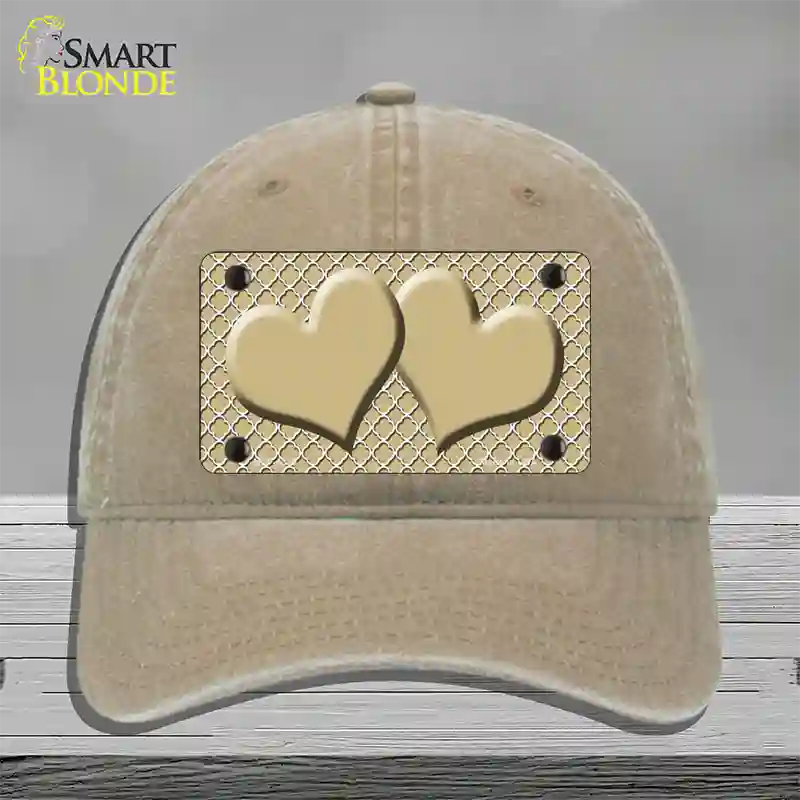 Gold White Quatrefoil Gold Center Hearts Novelty License Plate Hat Unconstructed Cotton / Khaki