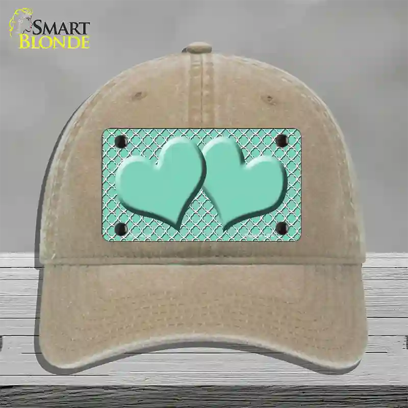 Mint White Quatrefoil And Mint Center Hearts Novelty License Plate Hat Unconstructed Cotton / Khaki