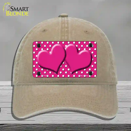 Pink White Polka Dot Center Hearts Novelty License Plate Hat Unconstructed Cotton / Khaki