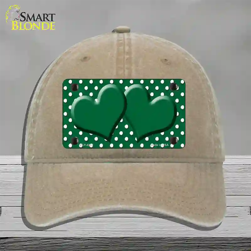 Green White Polka Dot Center Hearts Novelty License Plate Hat Unconstructed Cotton / Khaki