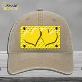 Yellow White Polka Dot Center Hearts Novelty License Plate Hat Unconstructed Cotton / Khaki