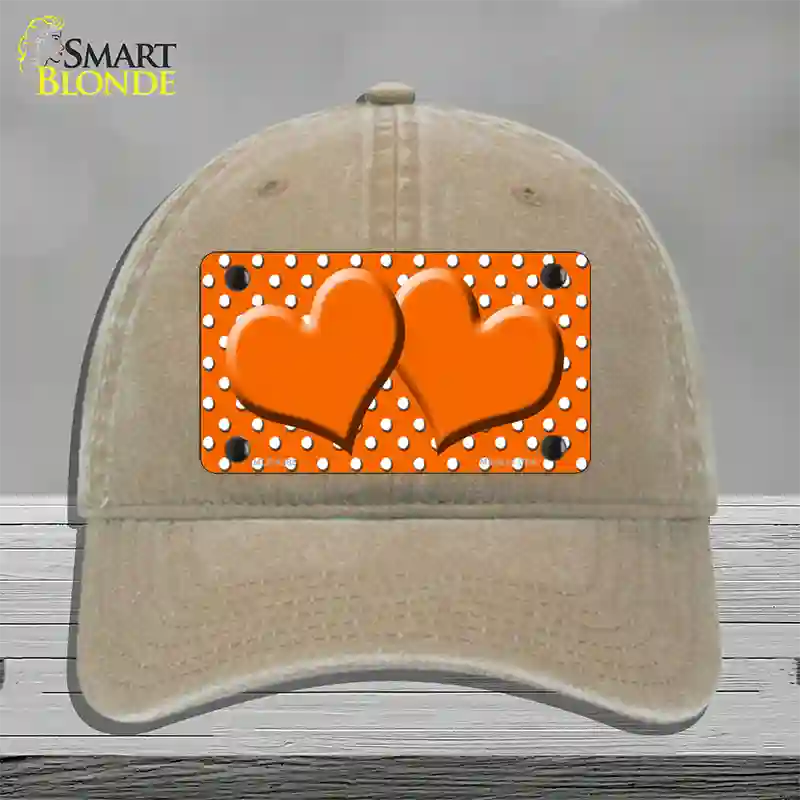 Orange White Polka Dot Center Hearts Novelty License Plate Hat Unconstructed Cotton / Khaki