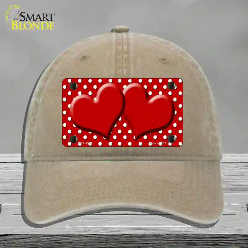 Red White Polka Dot Center Hearts Novelty License Plate Hat Unconstructed Cotton / Khaki