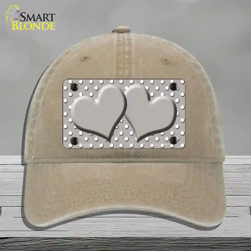 Grey White Polka Dot Center Hearts Novelty License Plate Hat Unconstructed Cotton / Khaki