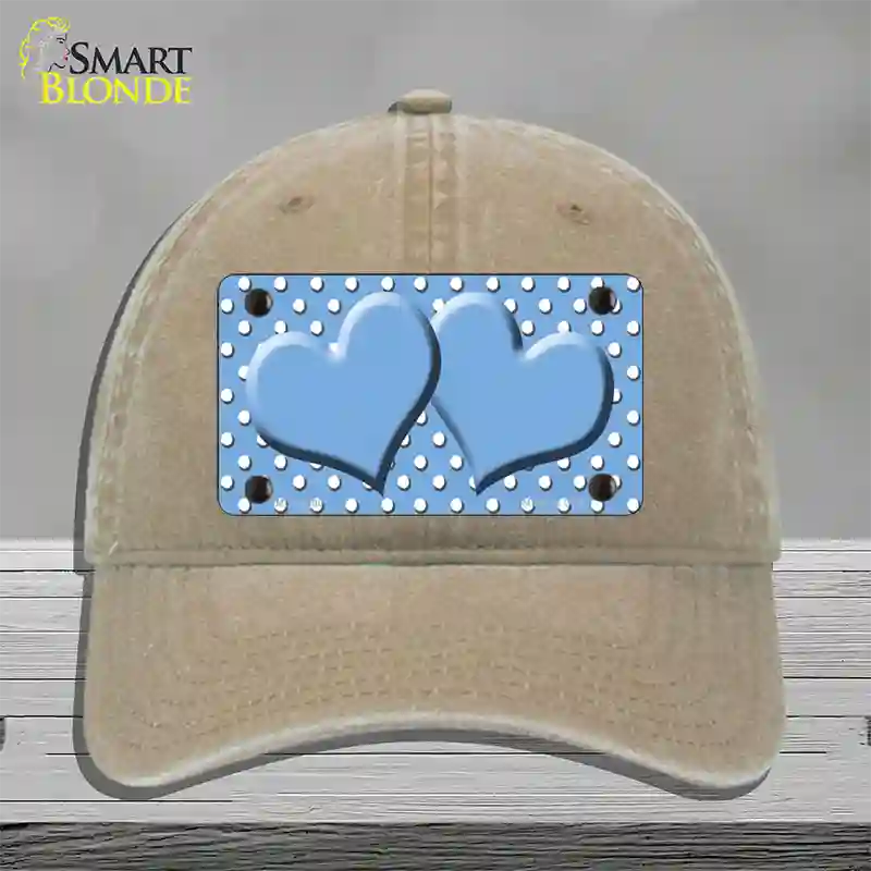 Light Blue White Polka Dot Center Hearts Novelty License Plate Hat Unconstructed Cotton / Khaki
