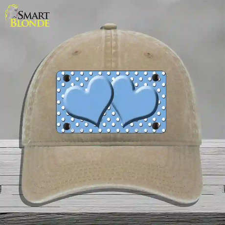 Light Blue White Polka Dot Center Hearts Novelty License Plate Hat Unconstructed Cotton / Khaki