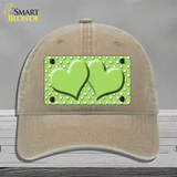 Lime Green White Polka Dot Center Hearts Novelty License Plate Hat Unconstructed Cotton / Khaki