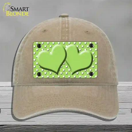 Lime Green White Polka Dot Center Hearts Novelty License Plate Hat Unconstructed Cotton / Khaki