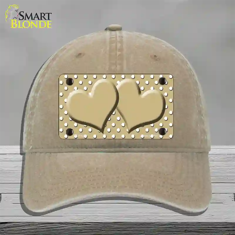 Gold White Polka Dot Center Hearts Novelty License Plate Hat Unconstructed Cotton / Khaki