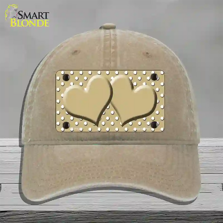 Gold White Polka Dot Center Hearts Novelty License Plate Hat Unconstructed Cotton / Khaki