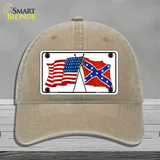 Confederate USA Crossed Flags Novelty License Plate Hat Unconstructed Cotton / Khaki