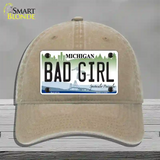 Bad Girl Michigan Novelty License Plate Hat Unconstructed Cotton / Khaki