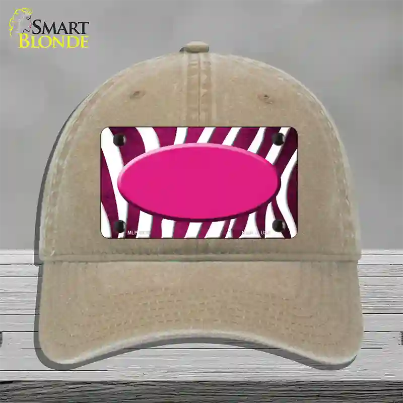 Pink White Zebra Oval Oil Rubbed Novelty License Plate Hat Unconstructed Cotton / Khaki