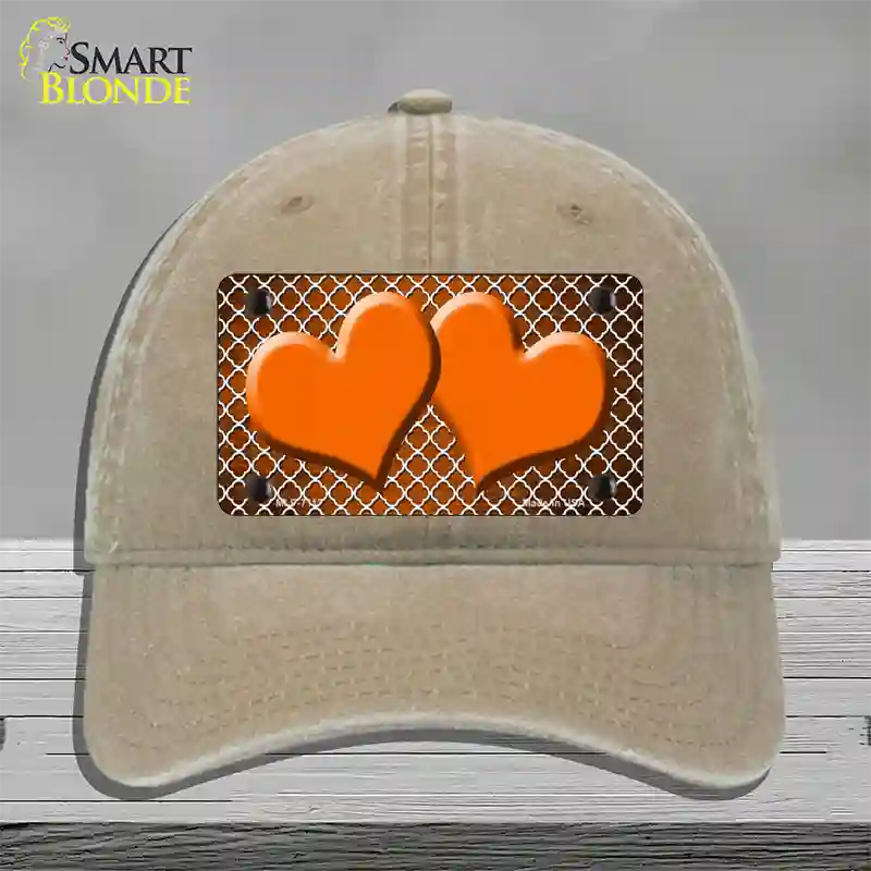 Orange White Quatrefoil Hearts Oil Rubbed Novelty License Plate Hat Unconstructed Cotton / Khaki
