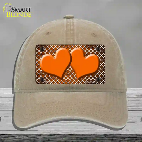 Orange White Quatrefoil Hearts Oil Rubbed Novelty License Plate Hat Unconstructed Cotton / Khaki