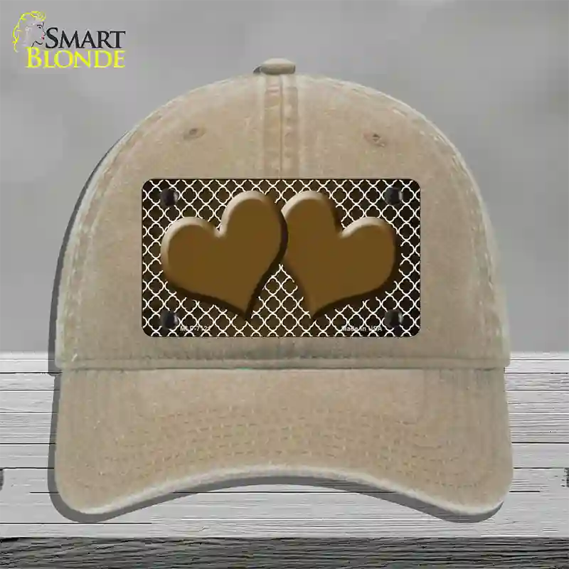 Brown White Quatrefoil Hearts Oil Rubbed Novelty License Plate Hat Unconstructed Cotton / Khaki